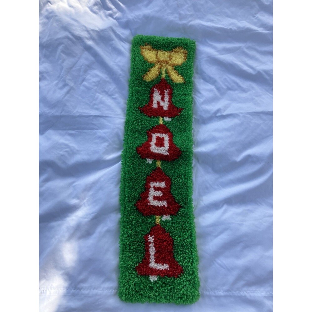 Vintage Hook Rug Christmas Noel Wall Hanging 34” X 8”Velvet Backed 1970s MCM